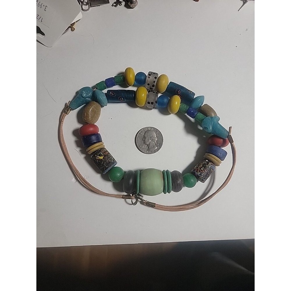 Authentic Vintage African Trade Bead Necklace OS Blue Green Black Red Brown Whit